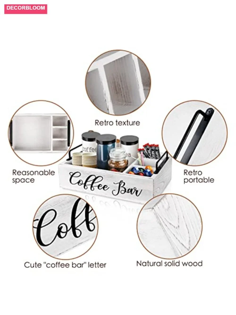 Wood Coffee Bar Organizer with 4 Compartments, Coffee Pod Holder & Storage